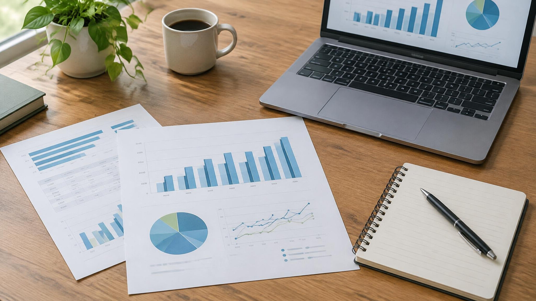 Desk with printed reports, charts and a pen